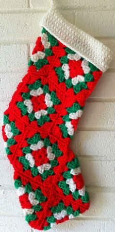 Best Free Crochet » Red Granny Square Christmas Stocking – Free Crochet Pattern  email confirmation required to access free pattern  Materials: Worsted Weight Yarn: Red, Green &amp; White. Crochet Hook: Size G-6 (4.25 mm) or size needed to obtain gauge. Gauge: Each granny square measures 4” across.
