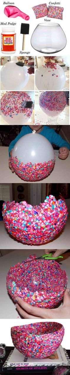 Cool confetti bowl! Finished project makes a colorful conversation piece for a bookshelf or mantel. DIY project, tutorial, fun, art, artwork, design, craft.
